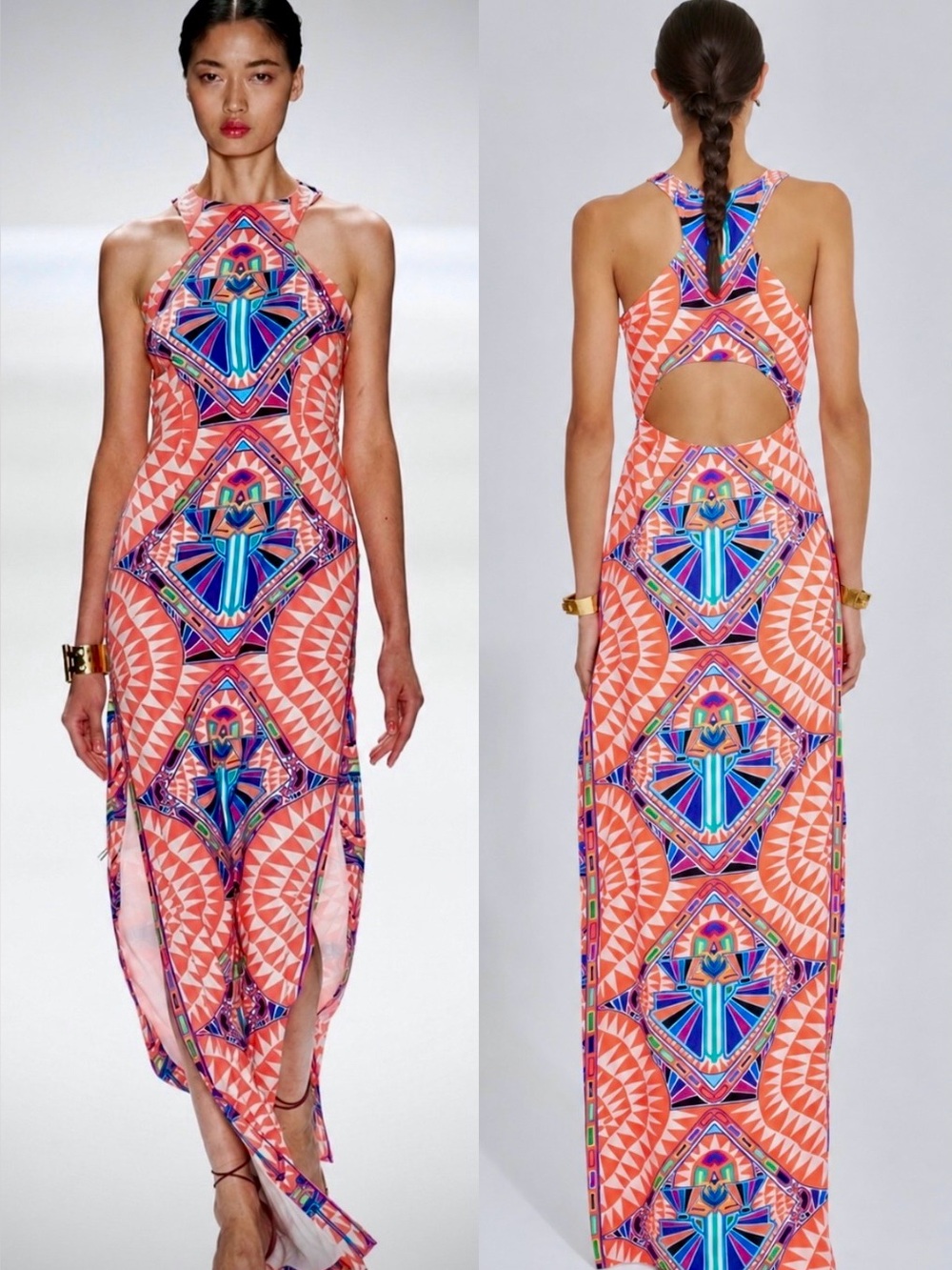 MARA HOFFMAN Runway Fountain Coral Geometric Halter Maxi Dress Size 6